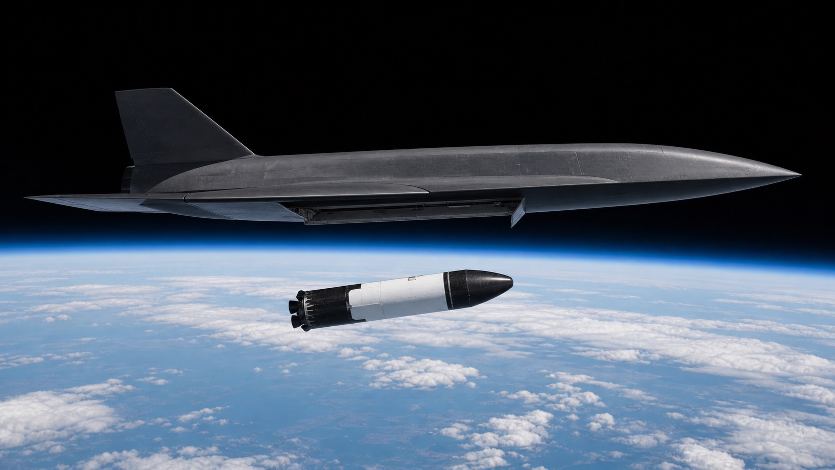 Orbital vehicle separating below a hypersonic carrier at the edge of the atmosphere